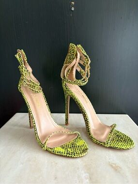 Fashion Nova Neon Lime Snake-Print Ankle Tie Stiletto Heels